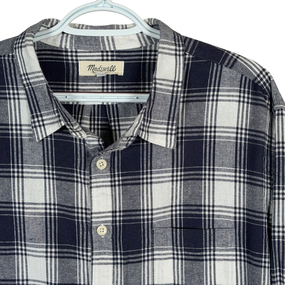 Madewell Fitted Flannel Shirt Mens XL Blue White Plaid Lightweight Button Up